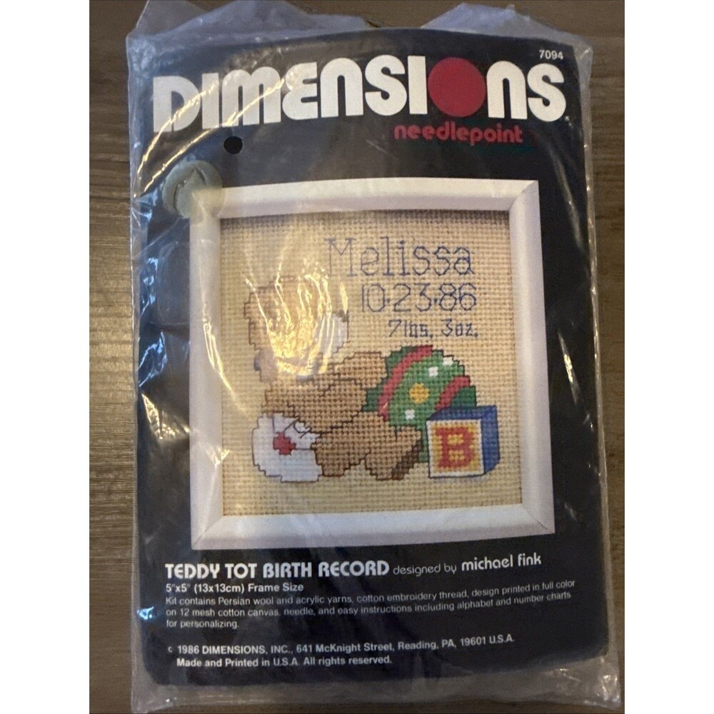 Vintage Dimensions Teddy Bear Tot Birth Record Needlepoint Kit 7094 Sealed